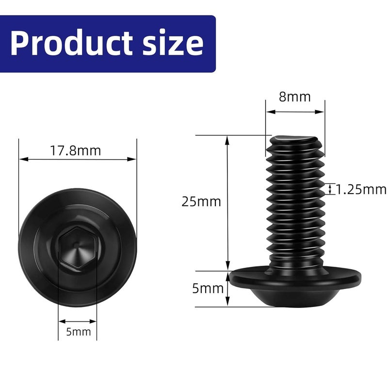 Etauwe 20-Piece M8-1.25 x 25mm Flange Button Head Screws - Black 304 Stainless Steel Socket Head Screws, Allen Hex Drive & Bit Included, Full Thread Machine Bolts - Image 2